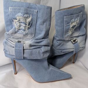 AZALEA WANG Denim Blue Women's Heeled Boots, Size 7.5